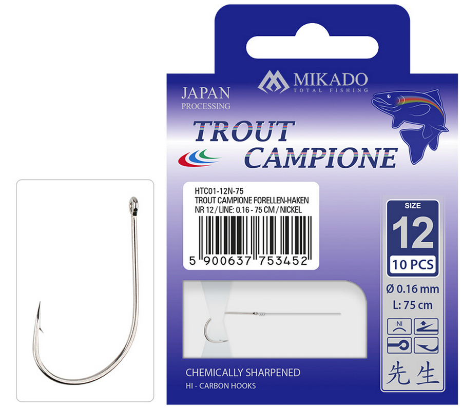 MIKADO TROUT CAMPIONE HOOK WITH LEADER 75 CM 10 PCS - Hooks